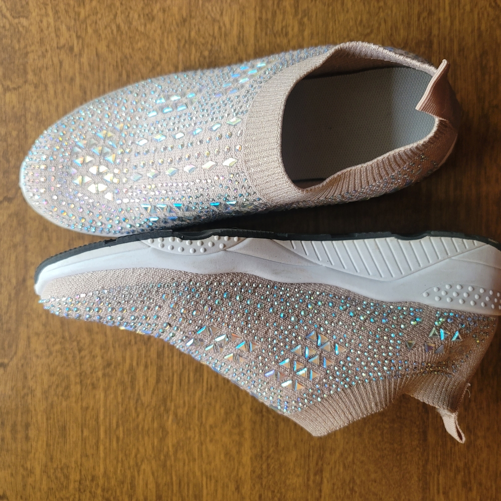 Cream and Silver Sparkling Sneakers with Rhinestone Embellishments